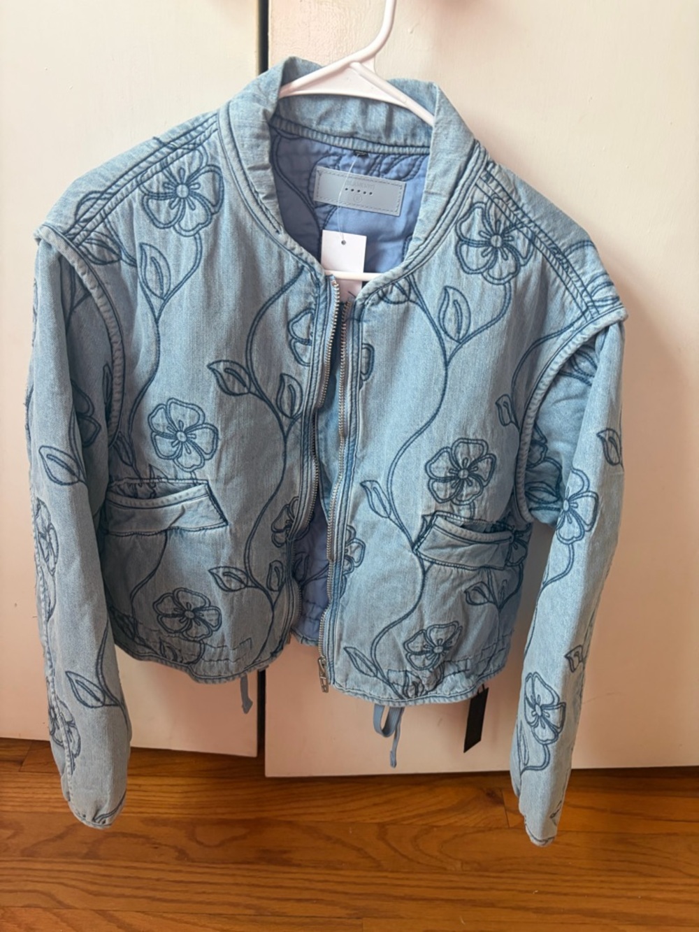 Blank NYC Light Blue Floral Embroidered Denim Jacket